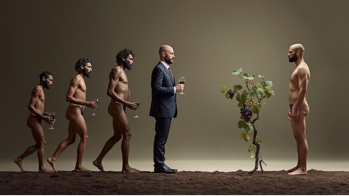 *Ultra-realistic editorial photograph. Horizontal sequence of six human-like silhouettes representing evolution from left to right. The first two silhouettes (far left) represent early human stages and are holding bunches of grapes. The middle silhouettes represent transitional stages, standing more upright and holding simple wine glasses. The fourth silhouette represents a modern figure in a formal suit, upright posture, holding a wine glass, symbolizing power and status. The FINAL two silhouettes (far right) represent present-day humanity: one male and one female figure standing side by side. IMPORTANT: the FINAL figures are facing directly forward (front-facing, looking straight ahead). The FINAL figures wear contemporary, comfortable, casual clothing (everyday modern clothes, neutral colors). IMPORTANT: the FINAL figures must NOT wear formal clothing, suits, jackets, or business attire. Between the hands of the FINAL figures there is a small grapevine plant, held gently together. The grapevine is a young plant with visible leaves and small grape clusters. The FINAL figures do NOT hold wine glasses. All silhouettes are fully clothed and realistic. No diagram, no illustration, no cartoon, no fantasy. Neutral earthy background, soft natural light, muted color palette (soil browns, olive greens, stone greys, deep wine tones). Serious, reflective, editorial mood. No text, no logos. Ultra-realistic, magazine-quality photography.*